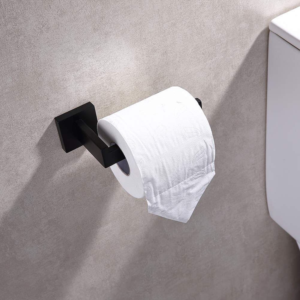TASTOS Toilet Paper Holder Matte Black, Toilet Tissue Roll Holders Dispenser and Hangers Wall Mounted for Bathroom & Kitchen, Stainless Steel Modern Square Style 2 Pack