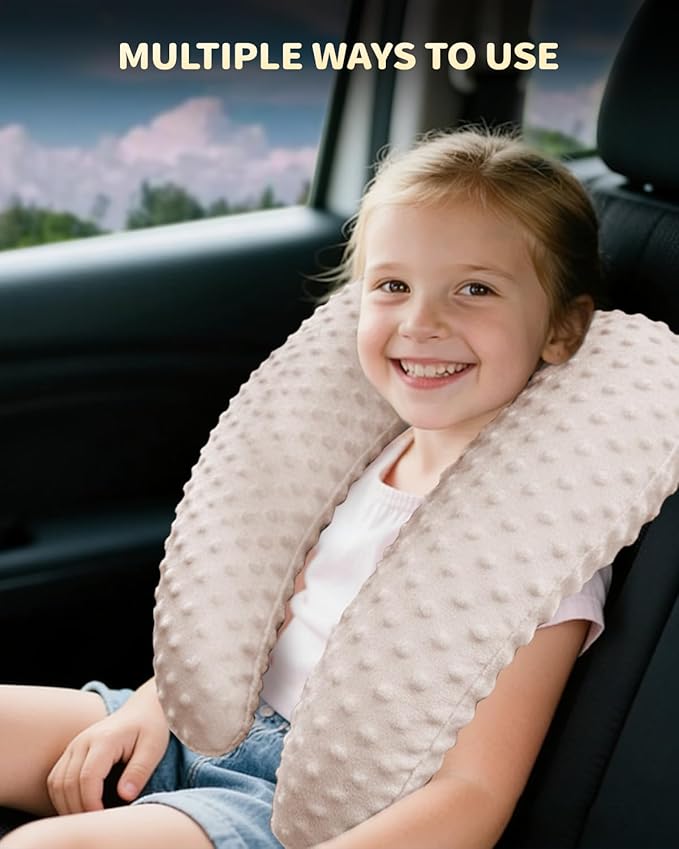 Memory Foam Kids Travel Pillow, Car Pillow for Kids, H-Shape Car Pillows for Sleeping, Removable Pillowcase, Adjustable, Velvet Dots, Beige