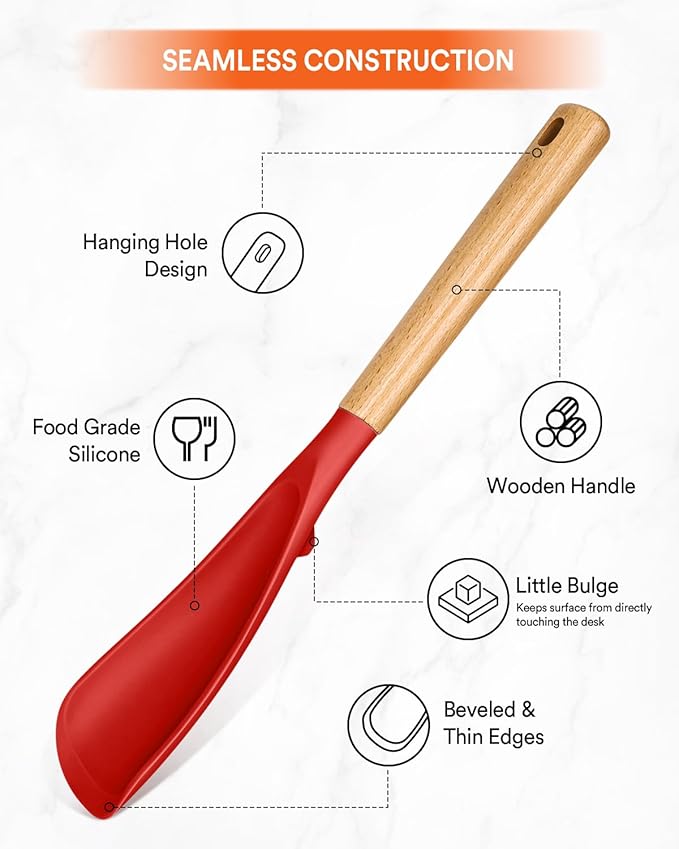 Multifunction Spatula Spoon for Nonstick Cookwares, Great for Cooking and Serving, Sturdy BPA-Free Matte Silicone, Wood Handle Spatula for Mixing, Scoop, and Scrape, Red(2 pack,11.4" & 13.4")