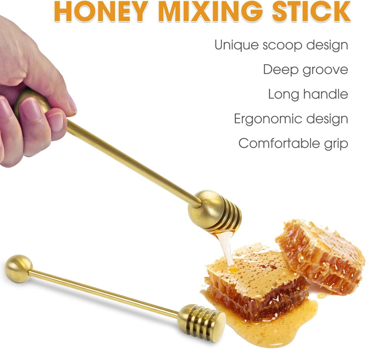 DUGATO Gold Honey Dipper Set (2 Pack, 6.3") - 304 Stainless Steel Honeycomb Sticks for Honey Pot Jar, Syrup Drizzler, Tea & Coffee Stirrer - Elegant Kitchen Utensil