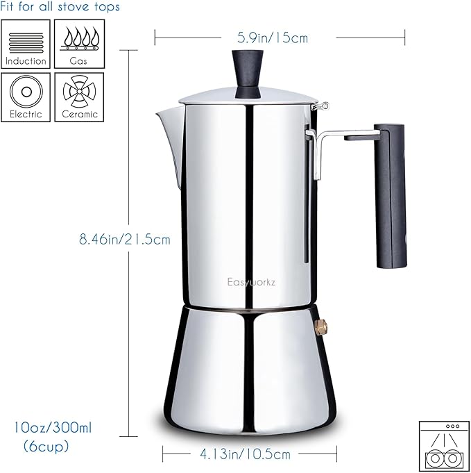 Easyworkz Pedro Stovetop Espresso Maker 6Cup 300ml Stainless Steel Italian Coffee Machine Maker Moka Pot Induction Espresso Pot