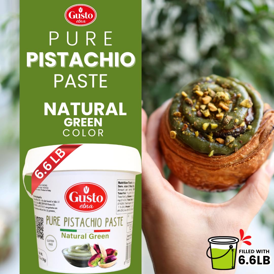 Gusto Etna 100% Pure Pistachio Paste – 3kg / 6.6 lb Bulk Tub – Unsweetened Italian Pistachio Butter, No Sugar, No Artificial Colors – Premium Nut Spread for Baking & Pastry – Product of Sicily