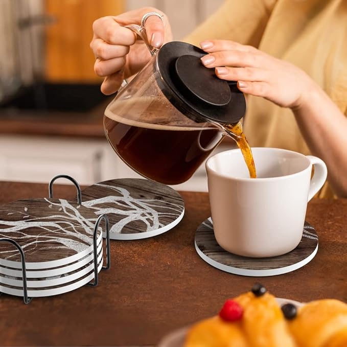 UMIRRO Ceramic Coasters for Wooden Table, Absorbent Drink Coasters with Holder for Tabletop Protection, Rustic Country Farmhouse Coasters w/Brown Wood Texture for Cups & Glasses, Coffee Bar Accessory
