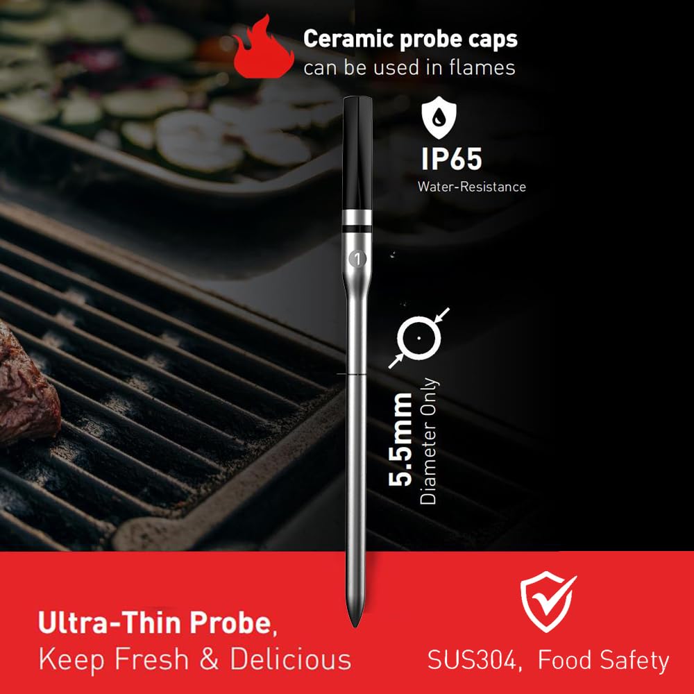 Smart Wireless Meat Thermometer for Grilling and Smoking – Bluetooth 5.2, 150m Range, IP65 Waterproof Probe – Rechargeable USB-C BBQ Thermometer for Smoker, Oven, Rotisserie