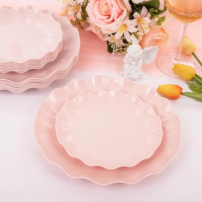 LIYH 24 Pcs Pink Plates Reusable, Pink Plastic Scalloped Plate Durable and Dishwasher Safe,Baby Shower Plate, Light Weight Daisy Plastic Wavy Plates for Wedding Party Birthday