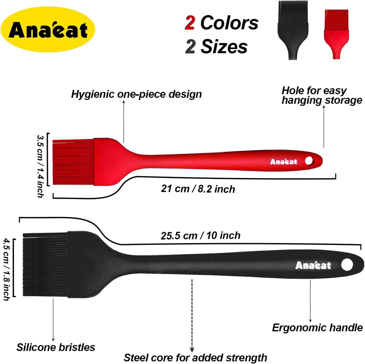 Anaeat 2 Pack Silicone Basting Pastry Brushes - Heat Resistant Brush with Soft Bristles, Hygienic One-Pieces Design, Marinade Brush Great in Baking for Spreading Oil Butter Sauce BBQ Grill