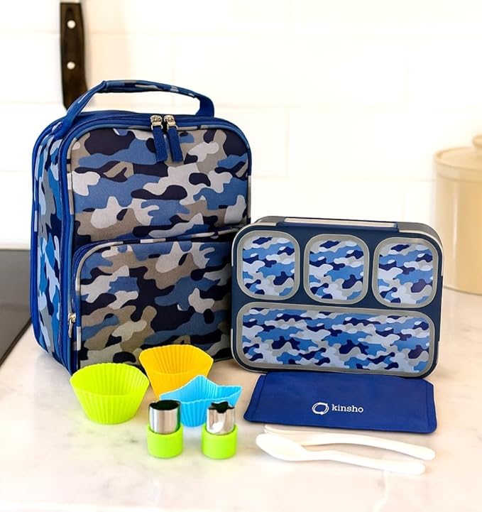 Camo Lunch Box for Boys, Bento-Box with Insulated Bag Ice Pack and Accessories, Set for Kids, Insulated Thermal Bag for School, Container Boxes for Big Kid Tween Adult Lunches, Blue Black Camouflage