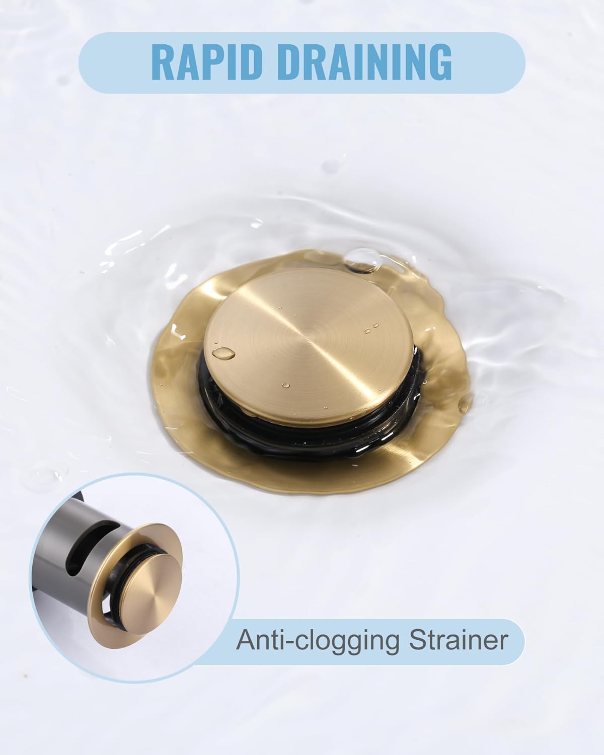 ALEASHA Bathroom Sink Drain with Overflow Vessel Sink Stopper, Pop Up Drain for Bathroom Sink Pop Up Drain Stopper for Hair Catcher, Brushed Gold
