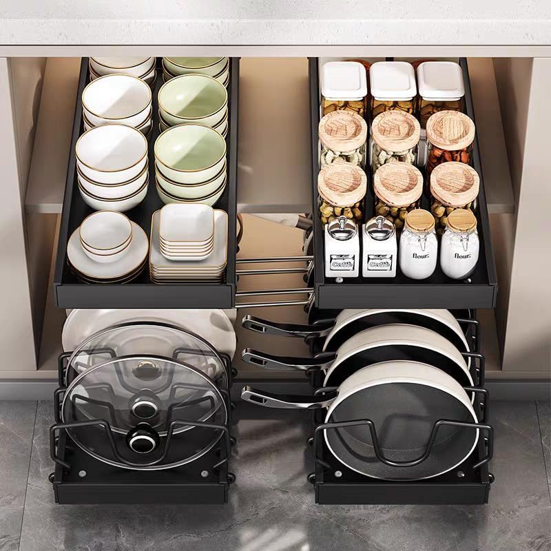 Pots and Pans Organizer for under Cabinet,Pull Out Cabinet Organizer with 8 Adjustable Dividers (Black, Sliding type)