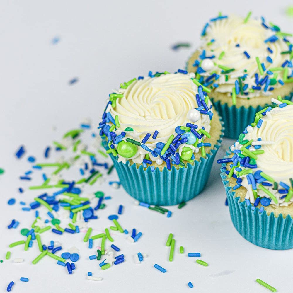 Sprinkles for Cake, Cookie, Cupcake Decorating, and Baking - Fancy Edible Cake Sprinkles and Toppings in Navy Jimmies, Green Nonpareils, Blue Sugar Crystal, and Lime Sugar Pearl for Donuts