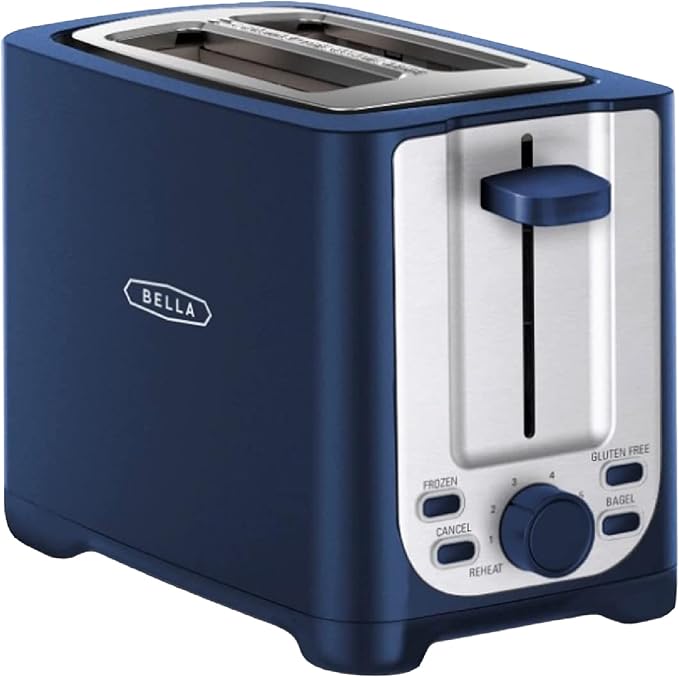 BELLA 2 Slice Toaster with Auto Shut Off - Extra Wide Slots & Removable Crumb Tray and Cancel, Defrost & Reheat Function - Toast Bread, Bagel & Waffle, Blue