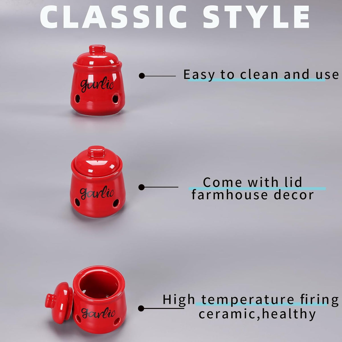 HAOTOP Garlic Keeper with Lid, Ceramic Mini Garlic Saver Container for Countertop, Farmhouse Kitchen Decor (Red)