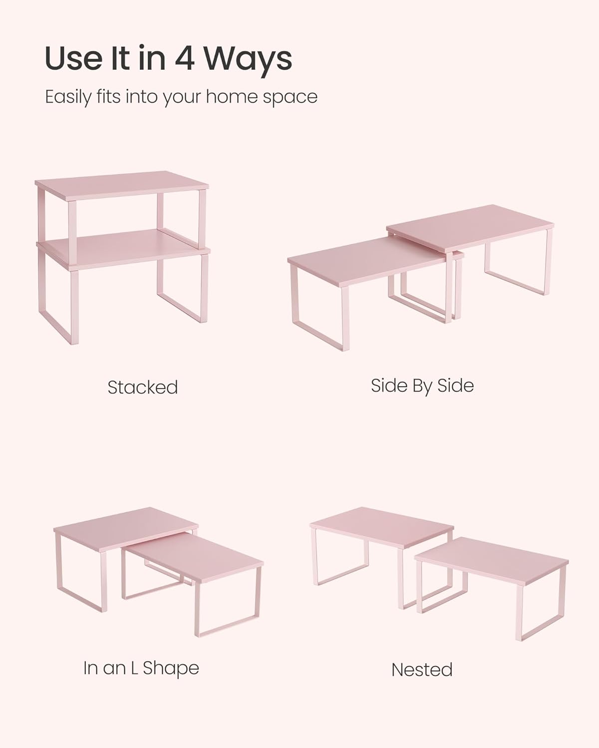SONGMICS Cabinet Organizer Shelf, Set of 2 Kitchen Counter Shelves, Kitchen Storage, Spice Rack, Stackable, Expandable, Metal and Engineered Wood, Jelly Pink UKCS020S01