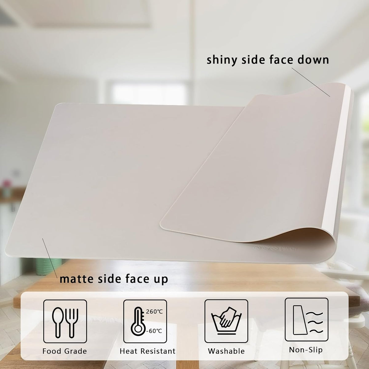 Silicone Placemats, Food-Grade Non-Slip Waterproof, Dining, Stain Resistant, Countertop Protector, Kitchen Counter Mat, Heat Resistant, Baking mat Dishwasher Safe (25.6"×17.7"-1pc Thicken White Gray)