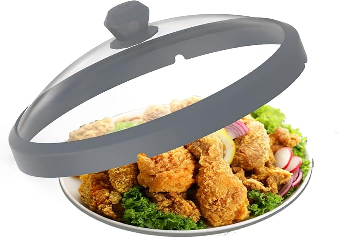 Microwave Glass Cover Splatter Guard Lid with Anti-scald Silicone Handles and Vented Edge for Food Pot Plate Cover 10.5 inch Grey
