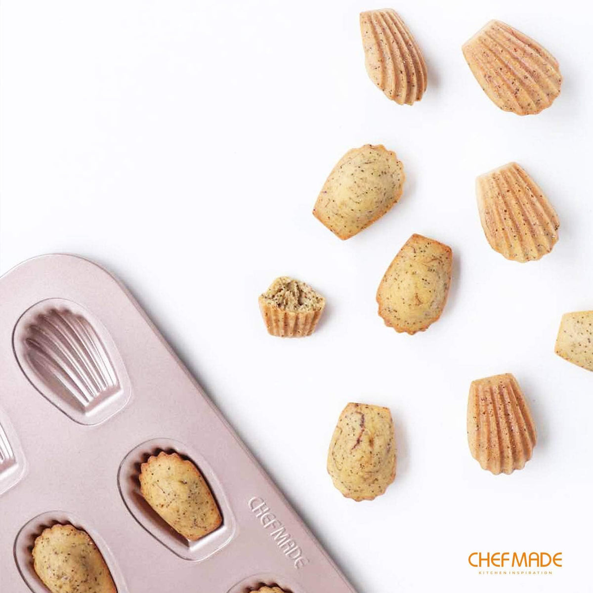 CHEFMADE Mini Madeleine Mold Cake Pan, 16-Cavity Non-Stick Tiny Oval Shell Madeline Bakeware for Oven Baking (Champagne Gold)