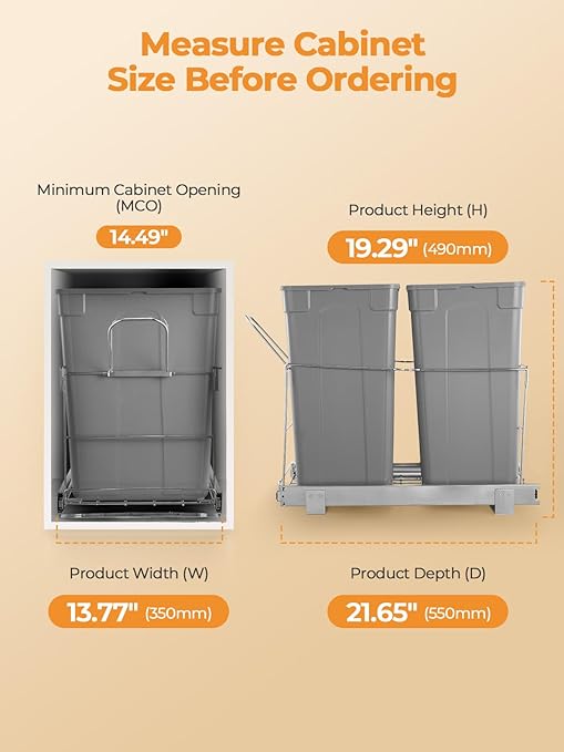 FOHERE Pull Out Trash Can Under Cabinet, 35 QT Double Under Sink Trash Can Waste Container with with Chrome Wire Bottom Mount and Handle, Heavy Duty Garbage Recycling Bin for Kitchen Cabinet, Sink
