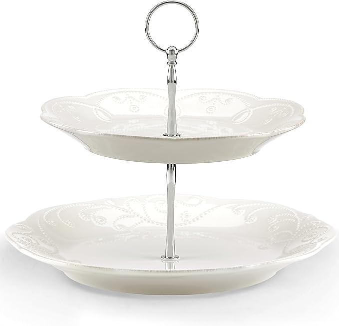 Lenox 2-Tier Serving Tray, French Perle White Two Tiered Tray Stand, Dessert Stands, Tiered Display with Round Plates, Christmas Hosting Essentials, Serving Dishes, Cupcake Stand (White 9-inch Height)