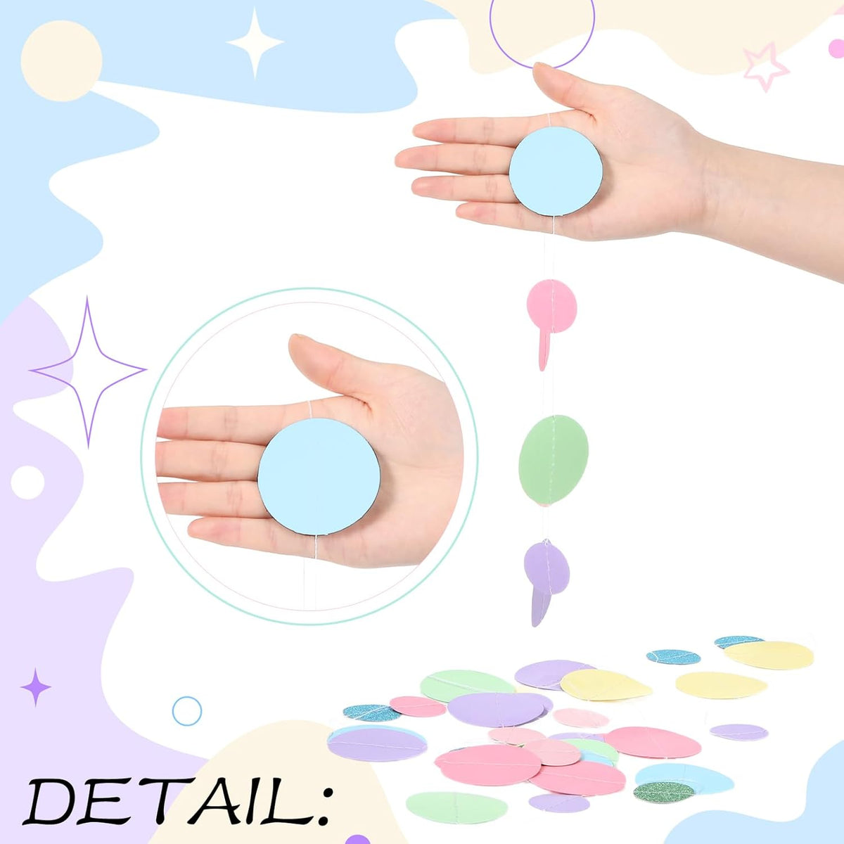 Outus 5 Pieces Colorful Dots Paper Garland Round Glitter Garland Hanging Confetti Streamers Backdrop Decoration for Birthday Classroom Candy Sprinkles Trunk or Treat Party (Pastel)