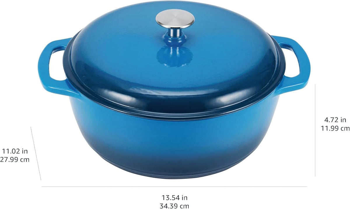 Amazon Basics Cast Iron Dutch Oven Pot with Lid, Enameled, Round, Dual Handles, Heavy-Duty, Medium, 6-Quart, Blue