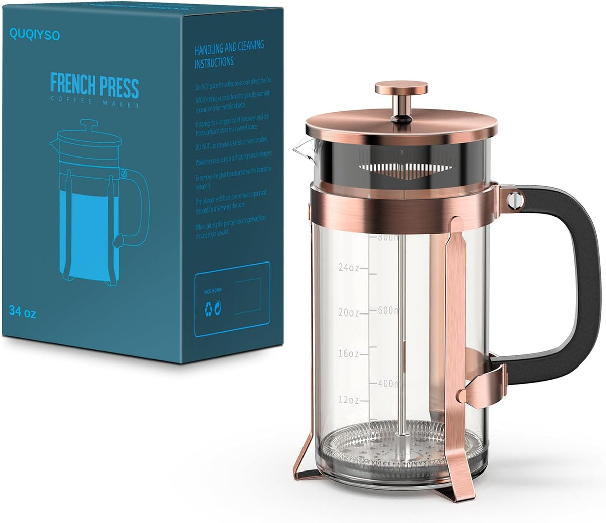 QUQIYSO French Press Coffee Maker 34oz 304 Stainless Steel with 4 Filter, Heat Resistant Durable, Easy to Clean, Borosilicate Glass Press, 100% BPA Free Teapot (Copper)