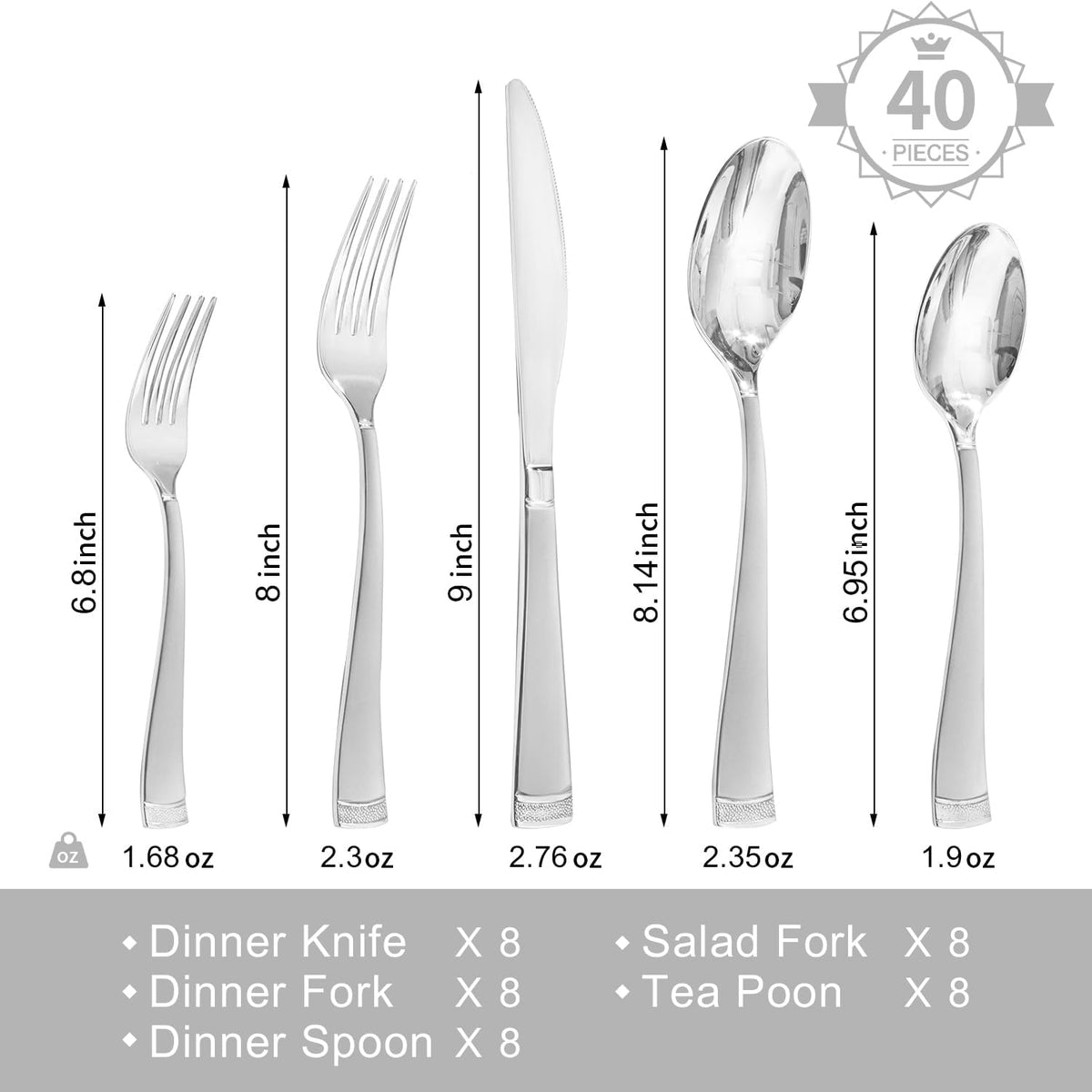 KINGSTONE Silverware Set, 40-Piece Flatware Set for 8, 18/10 Stainless Steel Cutlery Set with Bead Edge, Utensil for Kitchen, Home, Party, Wedding, Mirror Polished, Dishwasher Safe, Featured Gifts