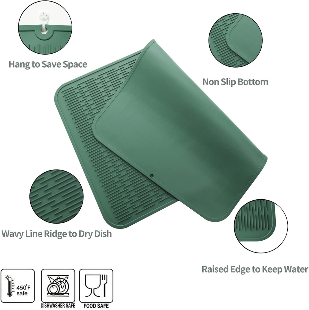 Silicone Dish Drying Mat for Multiple Usage,Easy clean,Eco-friendly,Heat-resistant Silicone Mat for Kitchen Counter or Sink,Refrigerator or Drawer Liner Green 4XL 32 inches x 18 inches