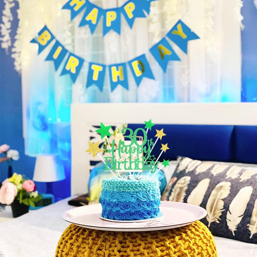 Glittery 30th Happy Birthday Cake Topper with Star,Personalised 30 Birthday Cake Toppers Party Decorations Party Supplies for Boys Girls Green Gold