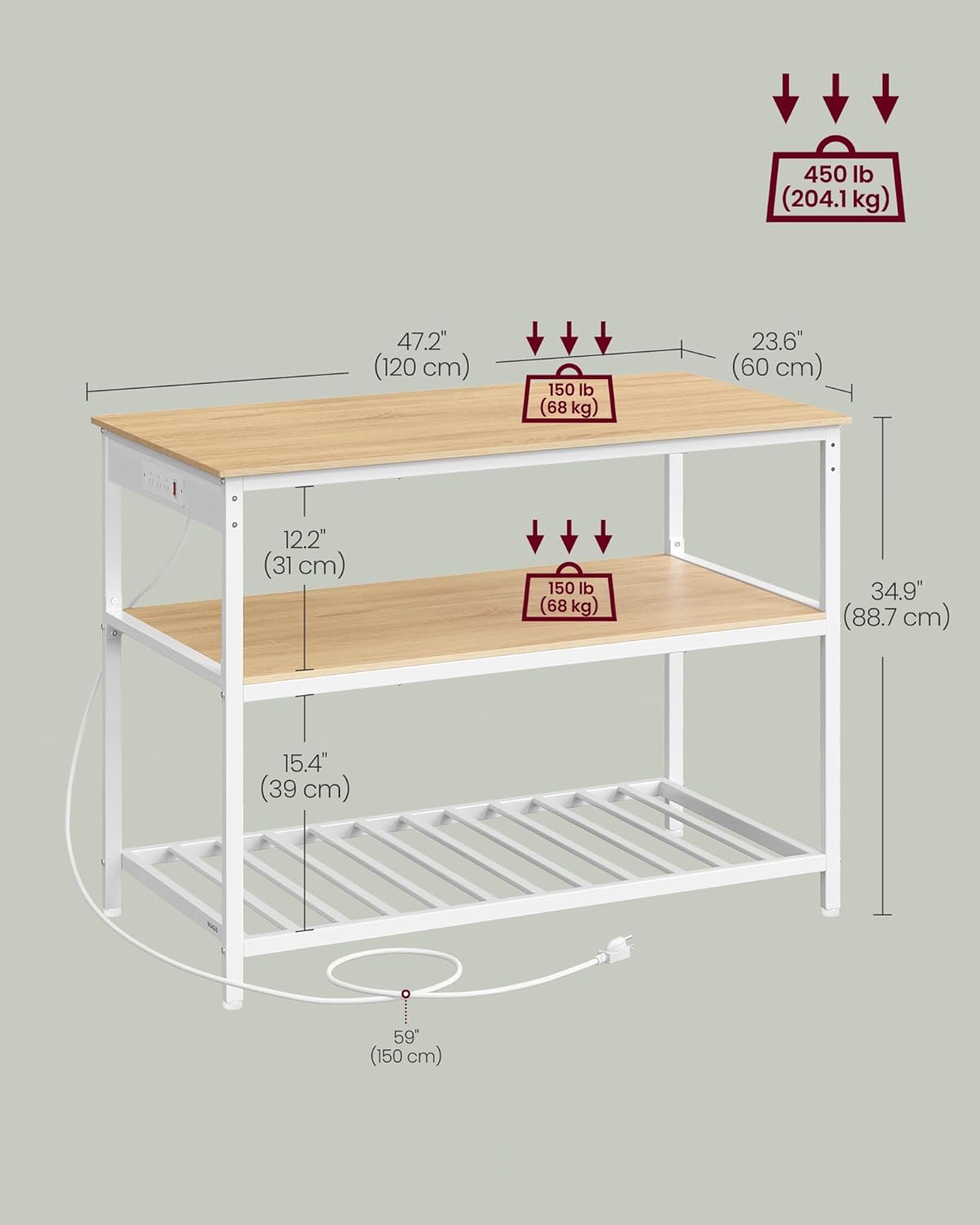 VASAGLE Kitchen Island with 3 Shelves, Kitchen Shelf with Power Strip, 23.6 x 47.2 x 34.9 Inches, Large Worktop, Steel Structure, Industrial, Easy to Assemble, Oak Color and White UKKI101Y01
