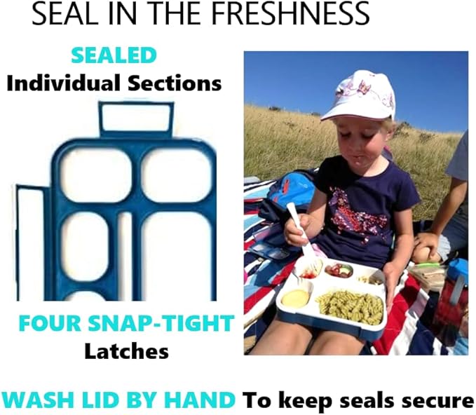 Bento-Box insulated Lunch Bag and Ice Pack Set. Lunch Boxes Snack Containers Kids Boys Girls Adults. 6 Compartments, Leakproof Portion Boxes Insulated Bags for School Lunches, BPA Free (Blue + Navy)