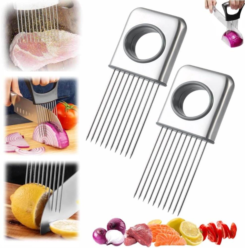 Onion Slice Holder, 2025 Upgraded Stainless Steel Onion Holder for Slicing Lemon Slicer Vegetable Cutter, Kitchen Chopper Slicing Assistant Tool for Meat, Onion, Potato, Tomato (2, C)