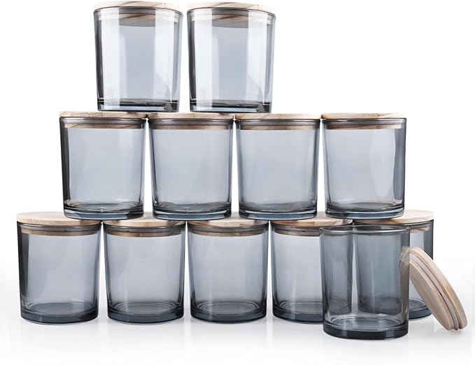 14 OZ Thick Candle Jars for Making Candles 12 Pcs, 3 Wick Empty Jars with Wood Lids for Candle Making, Sample Container,Clear Grey