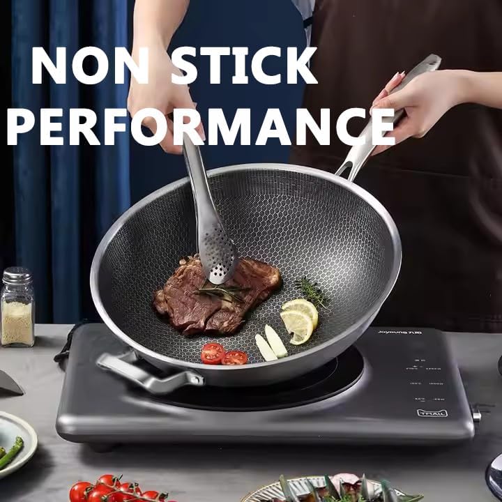 Wok Pan,Hybrid Nonstick 14 Inch Wok with Lid,Induction Non Stick Stainless Steel Large Deep Woks&Stir-Fry Pans,Stay-Cool Handle Skillets,PFOA Free Cookware