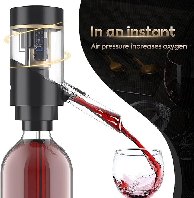Electric Wine Aerator, Wine Dispenser Pump, Automatic Wine Pourer, Instant Wine Decanter, One-Touch Wine Oxidizer with Retractable Tube, Portable and USB Rechargeable, Matte Black