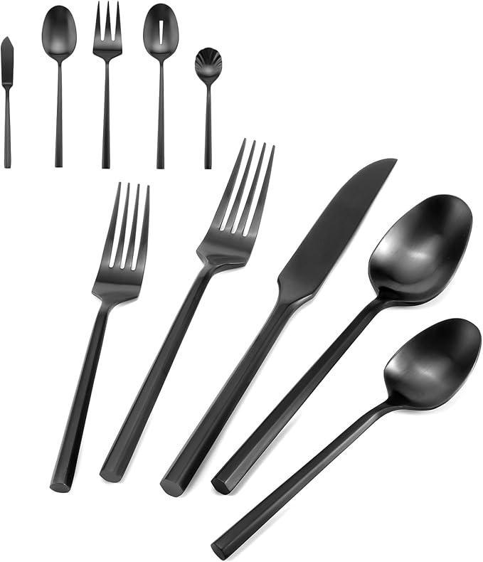 DEACORY Silverware Set with Serving Utensil Set Matte Black Flatware Set Hand Forged Stainless Steel Cutlery Set 45 Pieces Matte Finished Hexagon Handle Service for 8