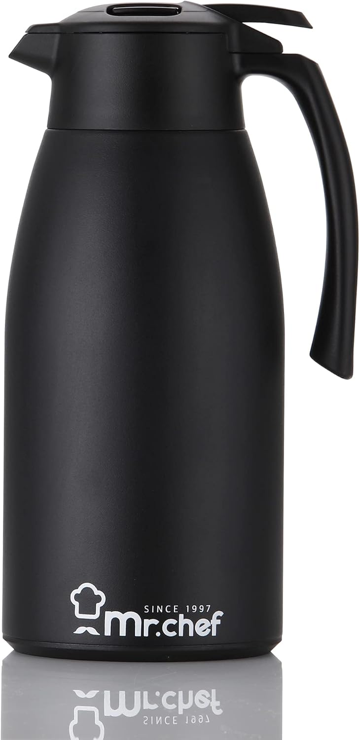 SINCE 1997 MR.CHEF 68Oz Thermal Coffee Carafe, Insulated Stainless Steel Coffee Carafes for Keeping Hot/Double Walled Vacuum Coffee Carafe (Black, 2L)
