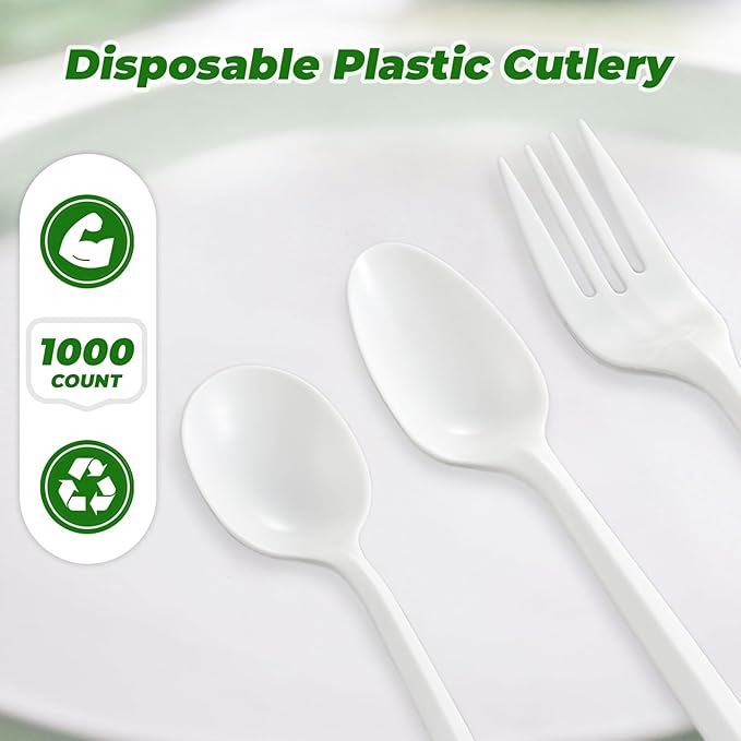 1000PCS Disposable Plastic Forks Silverware Set Bulk Fork White Reusable Heavy Duty Disposable Cutlery Plastic Utensils Flatware for Home Restaurant Party Picnic Camping Travel (Forks-1000pcs)