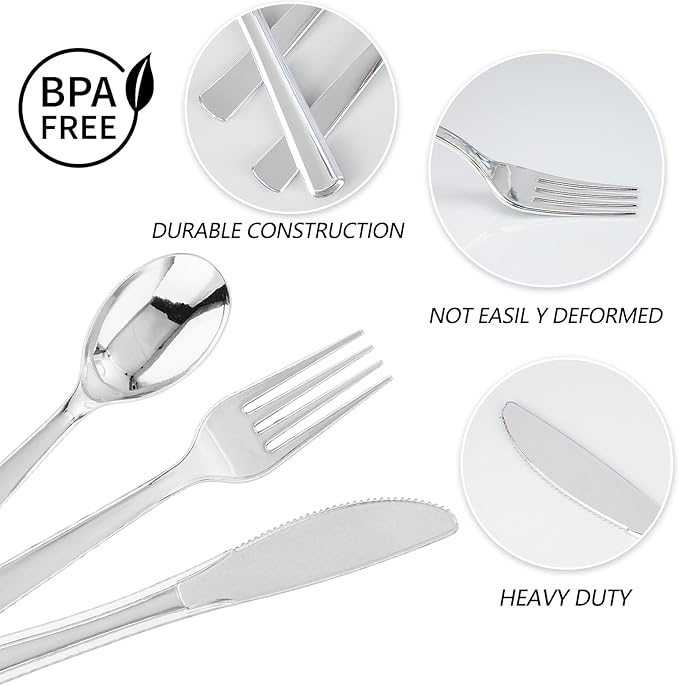 EI 360pcs Silver Plastic Silverware,Plastic Spoons and Forks,Plastic Silverware Heavy Duty,Disposable Plastic Cutlery include 120pcs Plastic Forks,120pcs Plastic Spoons and 120pcs Plastic Knives