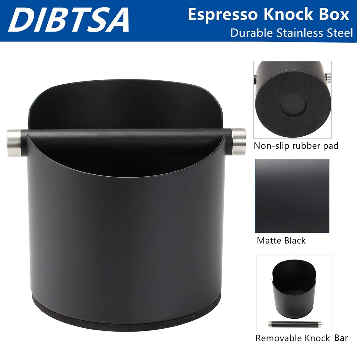 DIBTSA Large Size Coffee Knock Box, Espresso Knock Box Stainless Steel Espresso Machine Accessories with Removable Knock Bar and Non-Slip Base Coffee Grounds Container Bin (Black)