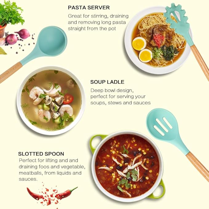 MIBOTE Silicone Cooking Kitchen Utensils Set with Holder, Wooden Handles Cooking Tool BPA Free Turner Tongs Spatula Spoon Kitchen Gadgets Set for Nonstick Cookware (Teal)