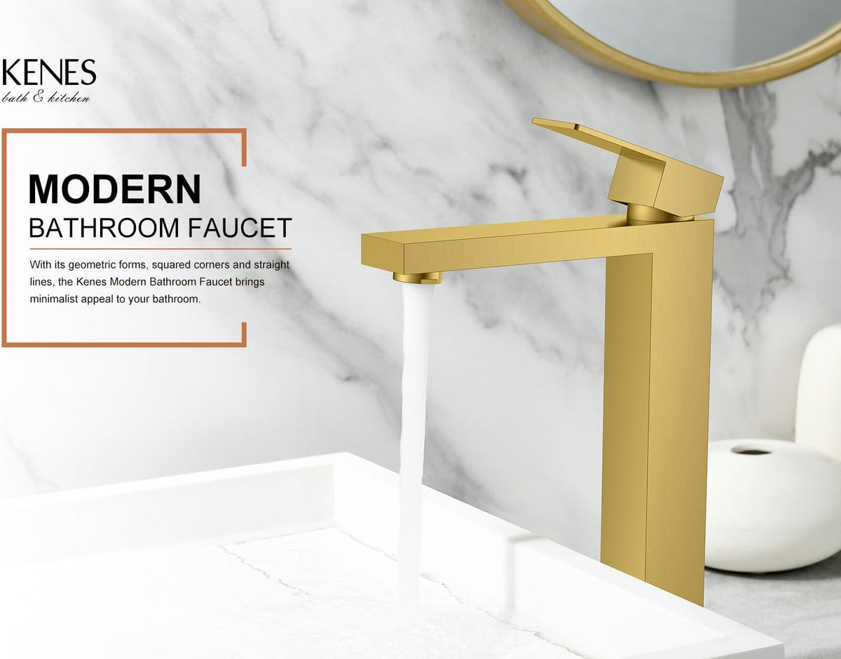 KENES Brushed Gold Tall Bathroom Faucet, Single Handle Vessel Sink Faucet Gold Vanity Bathroom Faucet with Supply Lines and Pop Up Sink Drain, LJ-9031A-4