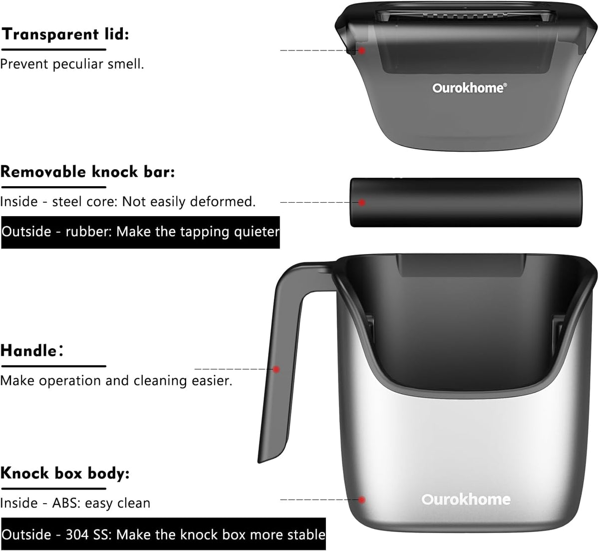 Ourokhome Knock Box Espresso Accessories, The Latest Patented Stainless Steel Espresso Machine Tool for Coffee Ground with Removable Knock Bar, Handle and Lid, Dishwasher safe, 4.8 inch