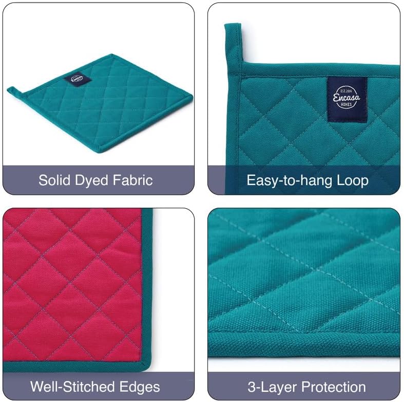 Encasa XO Heat Resistant Cotton Pot Holders with Hanging Loop - Set of 2 - Azul Blue - Multipurpose Quilted Everyday Hot Pad for Kitchen, Camping, BBQ & Microwave - 8x8 in