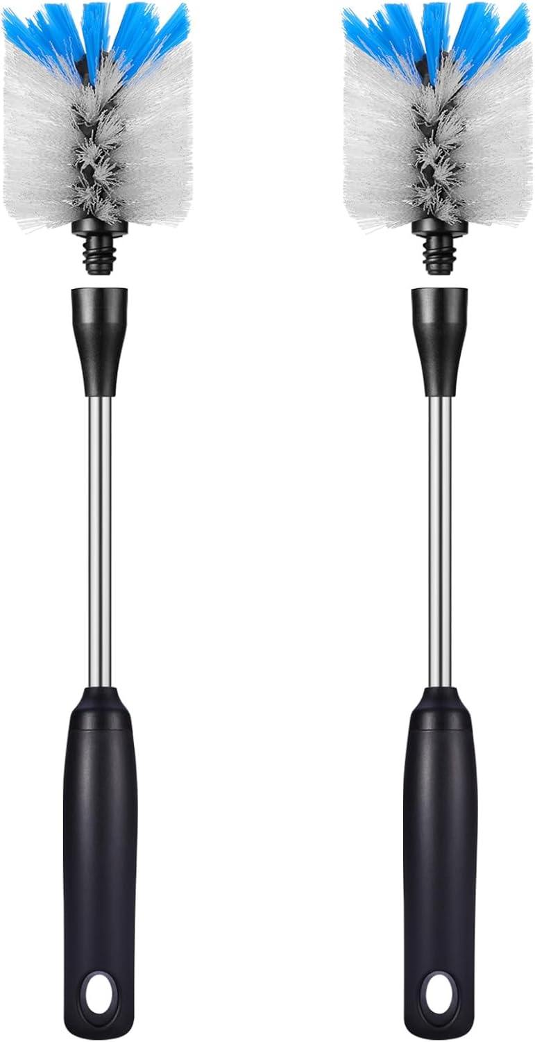 Stainless Steel Bottle Brush with Replaceable Head, 2 Pack Long Handle Scrubbing Brush for Water Bottles, Glasswares, Mugs, Flasks, Tumblers, Vases, and Kitchen Sink, 13 in