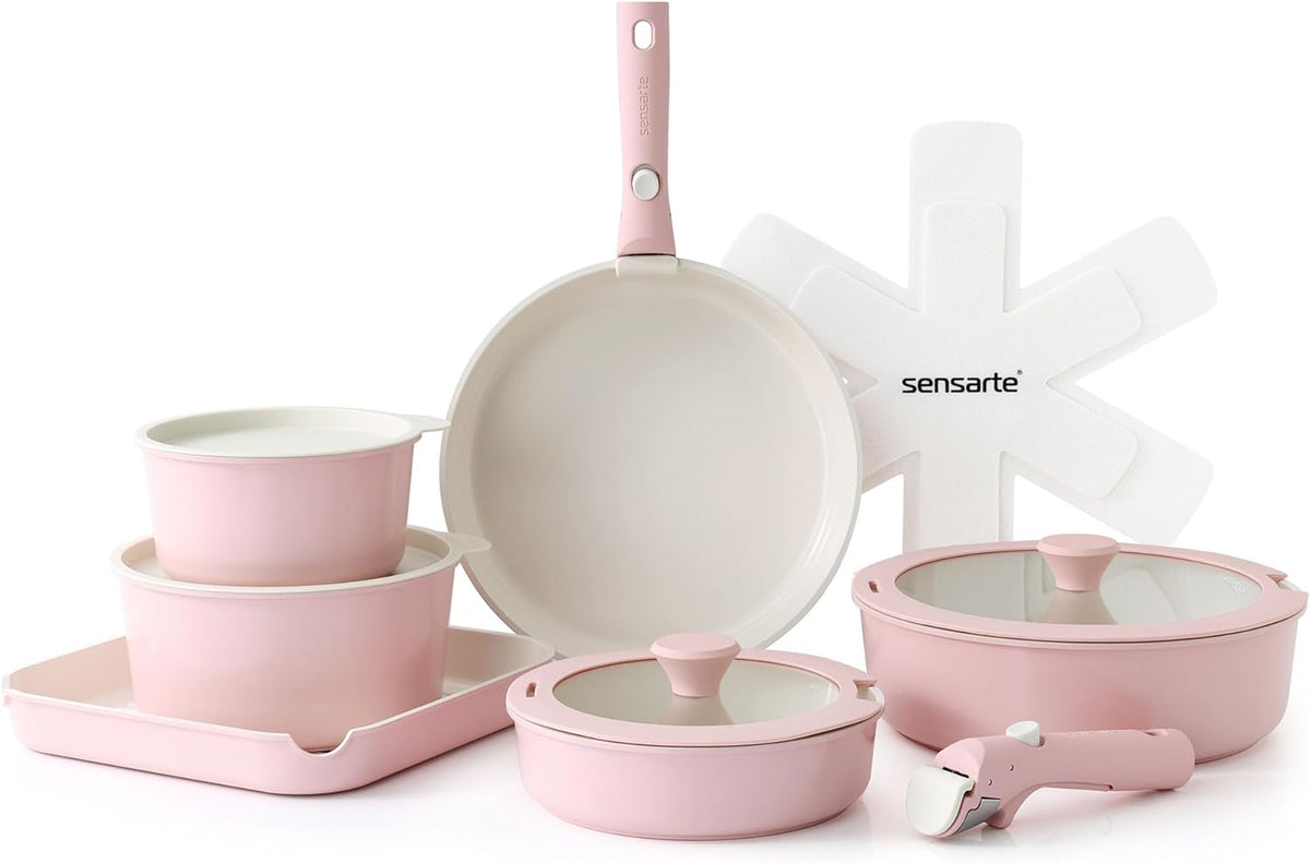 SENSARTE 17 Piece Ceramic Pots and Pans Set, Nonstick Detachable Handle Cookware, Induction Kitchen Cookware Set with Removable Handle, Dishwasher ＆ Oven Safe (Pink)