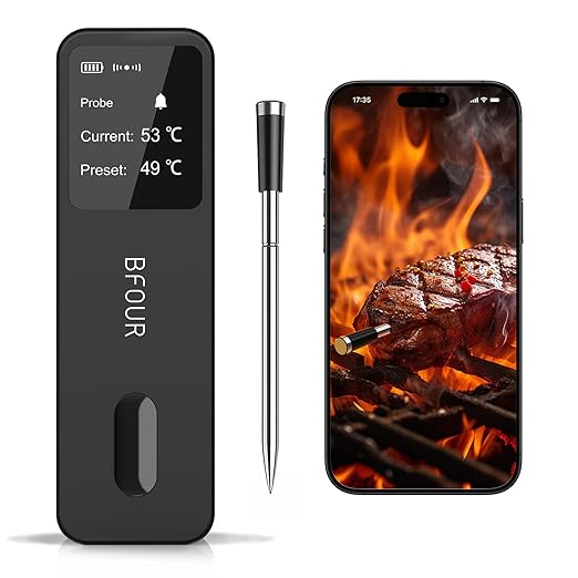 BFOUR Meat Thermometer Digital Wireless with LCD Booster, Bluetooth Food Cooking Thermometer with Smart App, 524FT Remote Range, 100% Waterproof & 752°F Heat Resistant Probe for BBQ Oven Grill Smoker