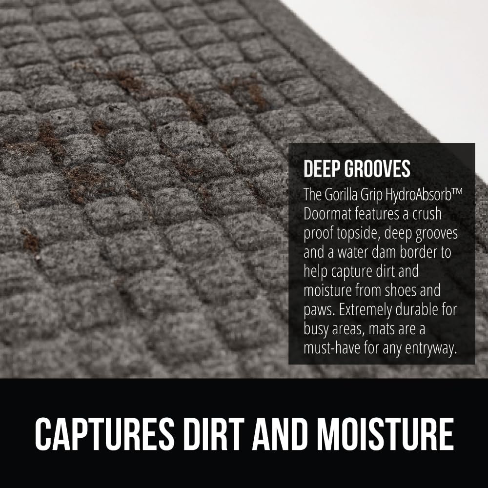GORILLA GRIP Front Door Mat, Indoor Outdoor Ultra Absorbent HydroAbsorb Doormat, Absorbs Up to 1.7 Cups of Water, Stain and Fade Resistant, Rubber Backing Doormats, Captures Dirt, 29x17 Charcoal