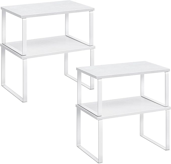SONGMICS Cabinet Organizer Shelf, Set of 4 Kitchen Counter Shelves, Kitchen Storage, Spice Rack, Stackable, Expandable, Metal and Engineered Wood, Cloud White and Snow White UKCS027W01
