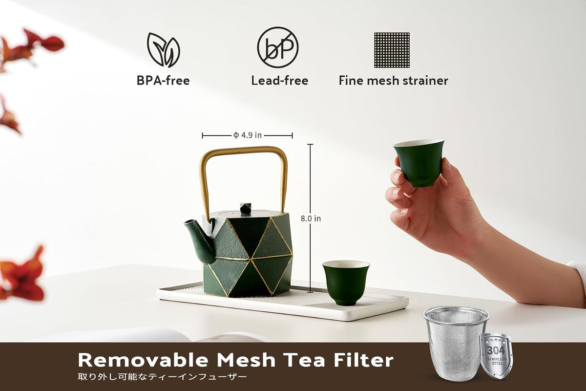Toptier Cast Iron Teapot, Stovetop Safe Japanese Cast Iron Tea Kettle, Diamond Design Tea Pot with Removable Infuser for Loose Tea, 40 Ounce (1200 ml), Dark Green