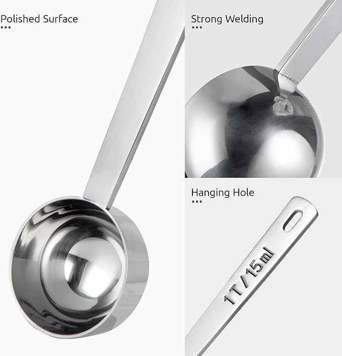 U-Taste Coffee Scoop 2 Tablespoon: 18/8 Stainless Steel Measuring Scooper for Ground Coffee, Bean, Powder, Espresso, 4.3in Long Handle Metal Measure Spoon for Canister, Jar (1Tbsp+2Tbsp / 15ml+30ml)